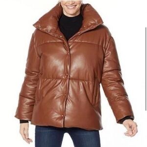 Avec Les Filles Faux leather puffer jacket brown Womens out wear size XL